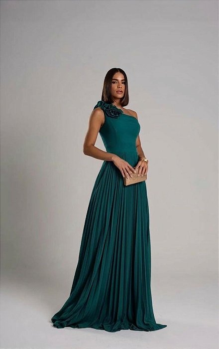 VESTIDO LONGO PLISSADO UM OMBRO SÓ APLICAÇÃO FLORAL EM RELEVO VERDE PETRÓLEO