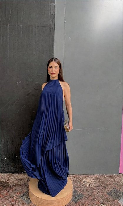 VESTIDO LONGO CHIFFON FRENTE ÚNICA PLISSADO SOBREPOSTO AZUL MARINHO