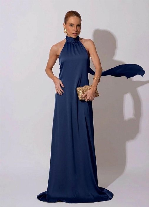 VESTIDO LONGO GOLA ALTA SEDA COM AMARRAÇÃO COSTA NUA AZUL MARINHO