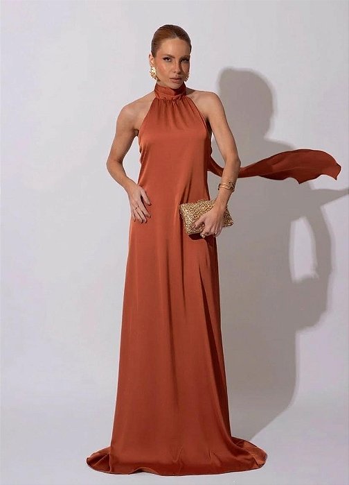 VESTIDO LONGO GOLA ALTA SEDA COM AMARRAÇÃO COSTA NUA TERRACOTA