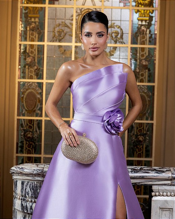 VESTIDO LONGO ZIBELINE BUSTO DRAPEADO DETALHE FLOR NA CINTURA LILÁS