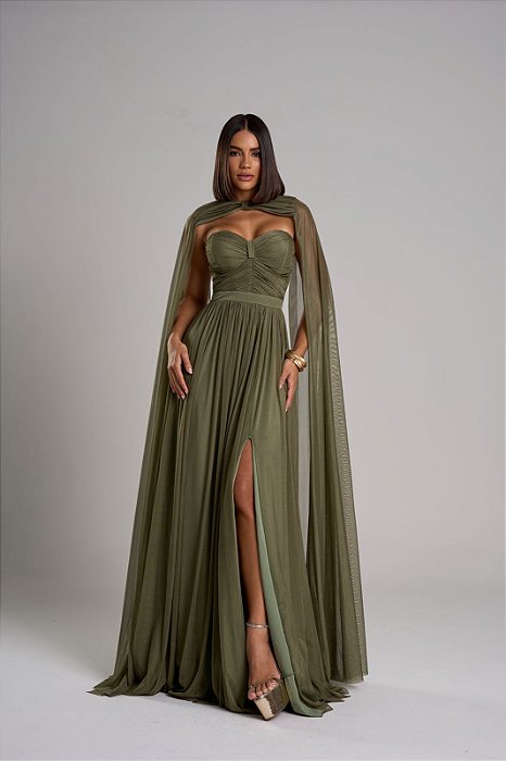 VESTIDO LONGO TOMARA QUE CAIA MICROTULE BUSTO DRAPEADO COM CAPA VERDE OLIVA