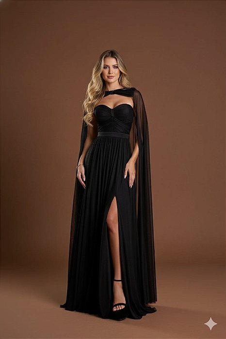 VESTIDO LONGO TOMARA QUE CAIA MICROTULE BUSTO DRAPEADO COM CAPA PRETO