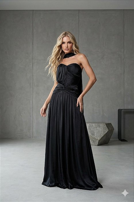 VESTIDO LONGO MIRCORULE TOMARA QUE CAIA ACABAMENTO DRAPEADO PRETO