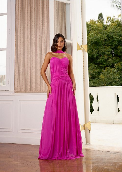 VESTIDO LONGO MIRCORULE TOMARA QUE CAIA ACABAMENTO DRAPEADO PINK