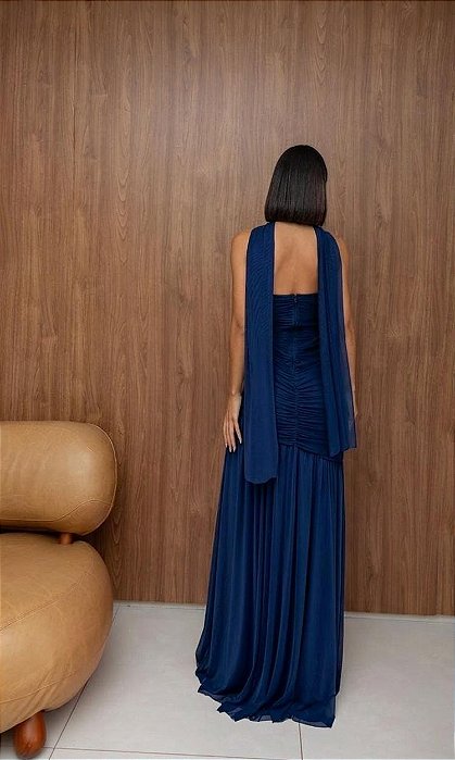 VESTIDO LONGO MICROTULE TOMARA QUE CAIA DRAPEADO AZUL ROYAL