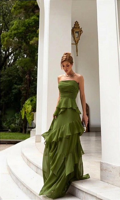 VESTIDO CHIFFON BUSTO DRAPEADO COM CAMADAS VERDE OLIVA
