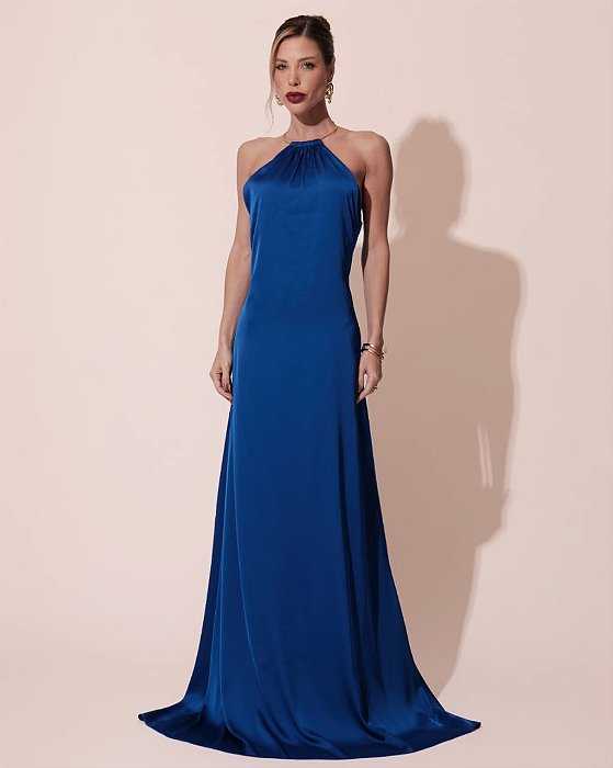 VESTIDO SEDA FRENTE ÚNICA GOLA MODELO COLAR AZUL ROYAL