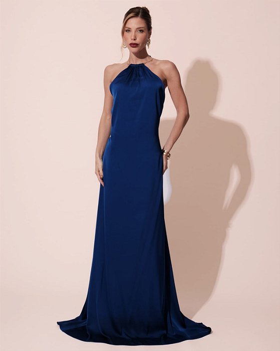 VESTIDO SEDA FRENTE ÚNICA GOLA MODELO COLAR AZUL MARINHO