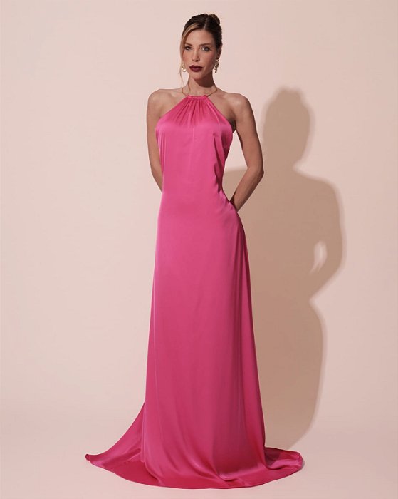VESTIDO SEDA FRENTE ÚNICA GOLA MODELO COLAR PINK