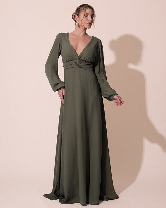 VESTIDO LONGO MANGA LONGA COM DETALHE DRAPEADO NA CINTURA DECOTE V VERDE OLIVA