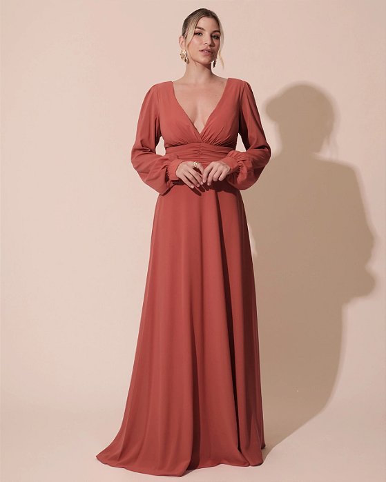 VESTIDO LONGO MANGA LONGA COM DETALHE DRAPEADO NA CINTURA DECOTE V TERRACOTA