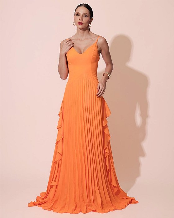 VESTIDO LONGO ALCINHA CHIFFON BABADOS NA LATERAL SAIA PLISSADA LARANJA