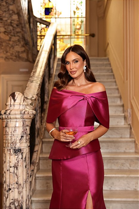 VESTIDO LONGO ZIBELINE TOMARA QUE CAIA ACOMPANHA MANGA REMOVIVEL FUCSIA