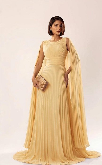 VESTIDO LONGO CHIFFON PLISSADO ACINTURADO COM MANGA CAPA AMARELO