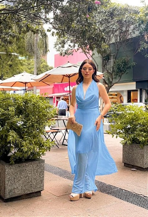 VESTIDO  CHIFFON FRENTE ÚNICA GOLA BOBA AZUL SERENITY