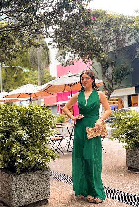 VESTIDO  CHIFFON FRENTE ÚNICA GOLA BOBA VERDE ESMERALDA