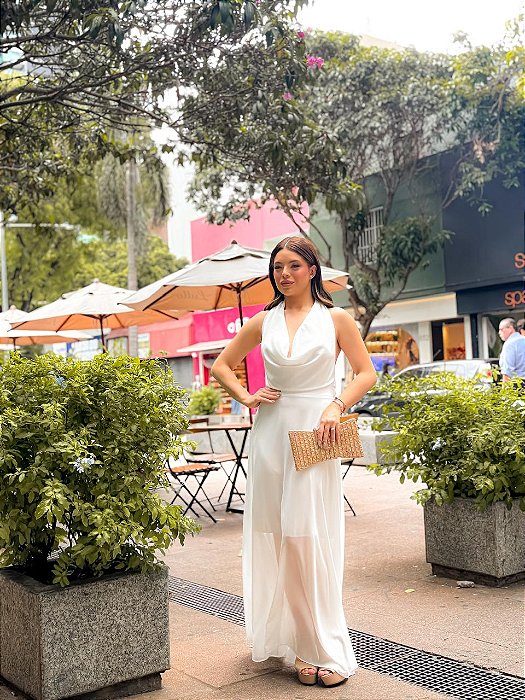 VESTIDO  CHIFFON FRENTE ÚNICA GOLA BOBA BRANCO