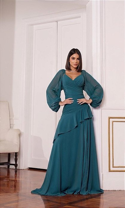 VESTIDO LONGO ALCINHA COM CAPA REMOVÍVEL DRAPEADO NA LATERAL VERDE PETROLEO