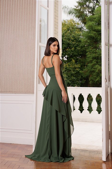 VESTIDO LONGO ALCINHA COM CAPA REMOVÍVEL DRAPEADO NA LATERAL VERDE OLIVA