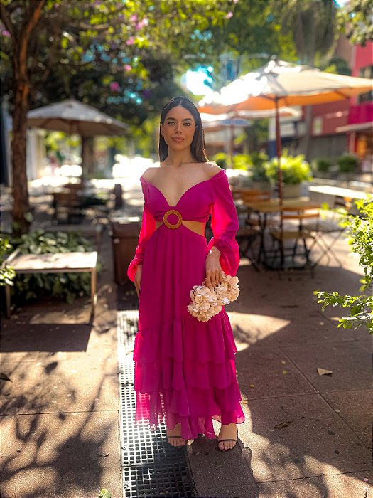 VESTIDO MIDI COM RECORTES E DETALHE DE ARGOLA SAIA BABADO TRÊS MARIAS FUCSIA