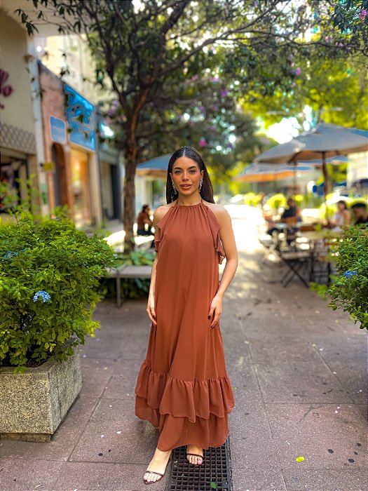 VESTIDO MIDI FRENTE ÚNICA DETALHE BABADO LADOS SAIA BABADOS NA PONTA TERRACOTA