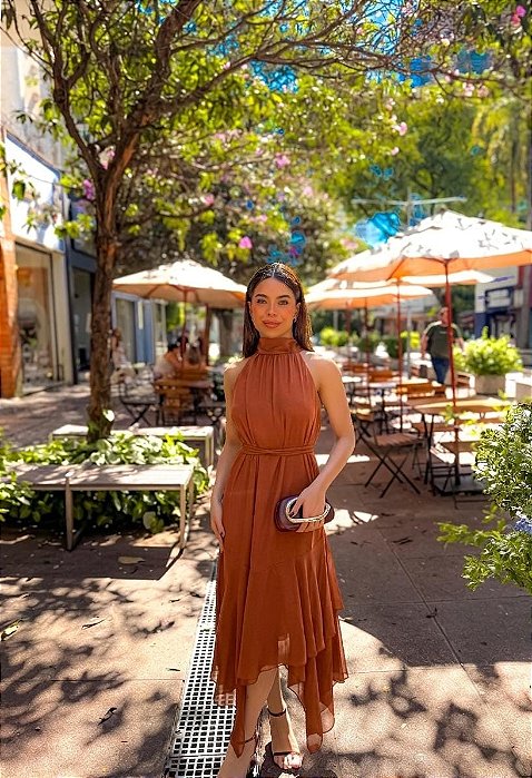 VESTIDO MIDI COM CINTO SAIA EM CAMADAS TERRACOTA