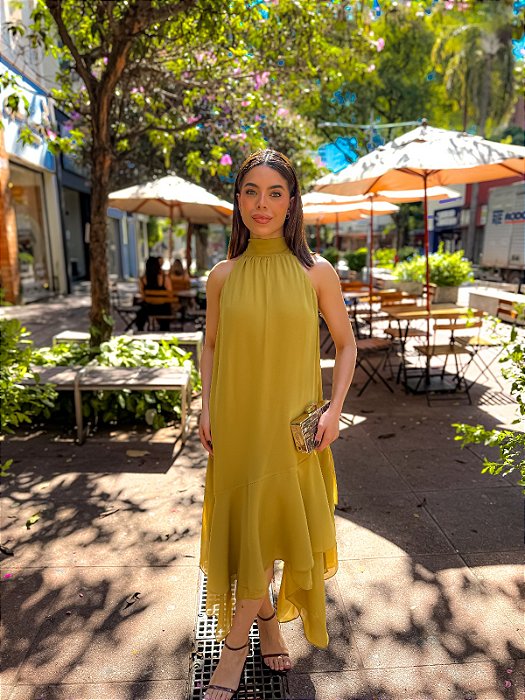 VESTIDO MIDI COM CINTO SAIA EM CAMADAS AMARELO MOSTARDA