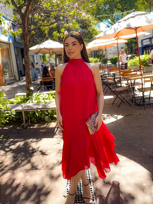 VESTIDO MIDI COM CINTO SAIA EM CAMADAS VERMELHO