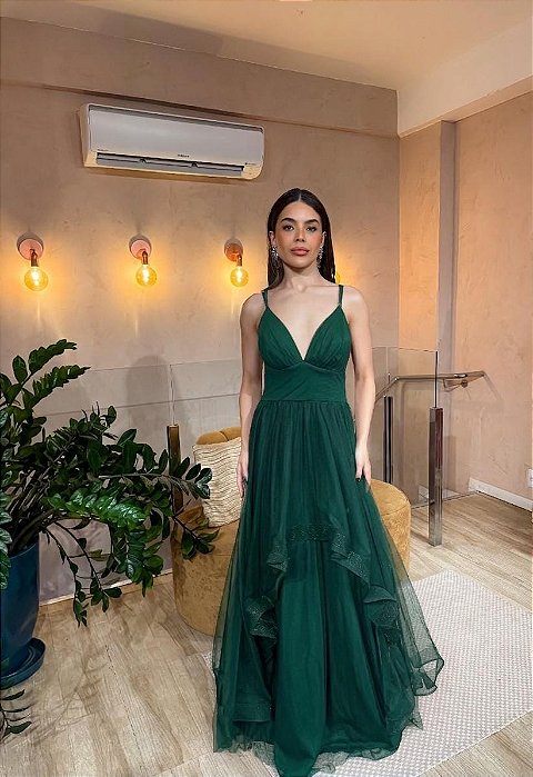 VESTIDO LONGO MICROTULE DECOTE V E CAMADAS FLUIDAS ELEGANTES VERDE PETRÓLEO