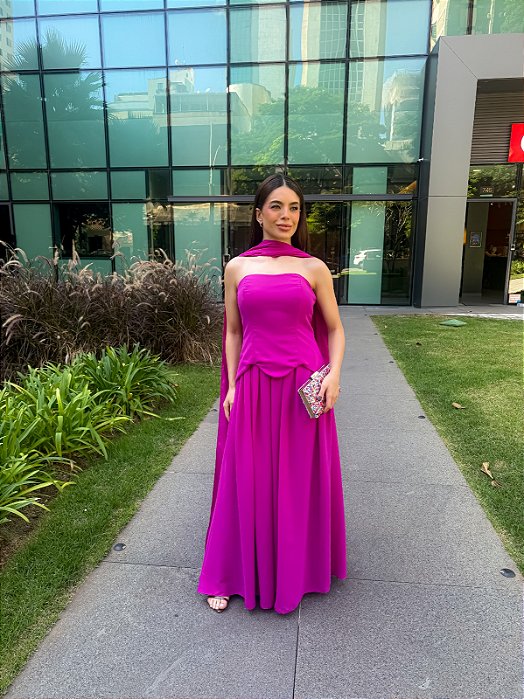 VESTIDO LONGO NEW MIDI COM CORPETE SAIA COM CAIMENTO FLUIDO FUCSIA