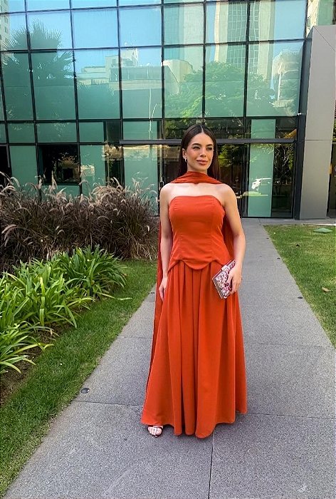 VESTIDO LONGO NEW MIDI COM CORPETE SAIA COM CAIMENTO FLUIDO LARANJA