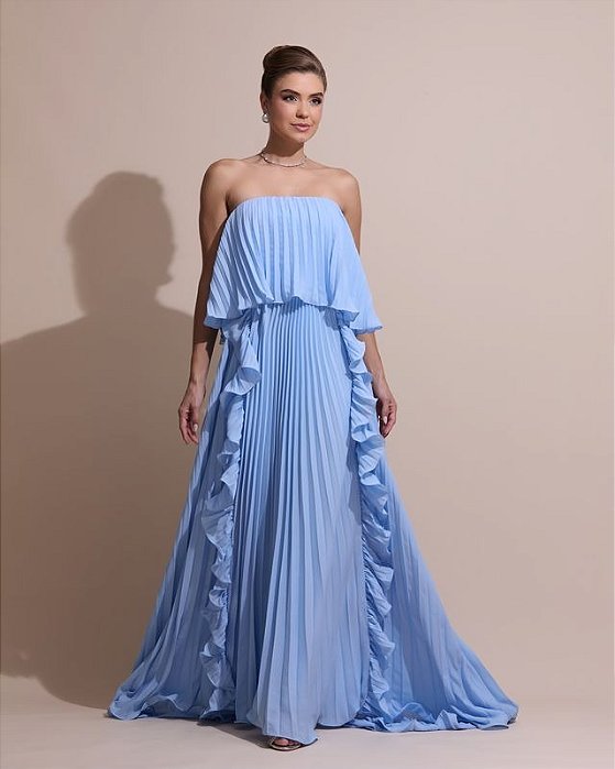 VESTIDO LONGO PLISSADO COM BABADOS EM CAMADAS MOVIMENTO FLUIDO AZUL SERENITY