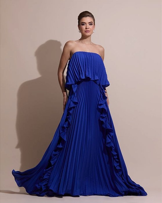 VESTIDO LONGO PLISSADO COM BABADOS EM CAMADAS MOVIMENTO FLUIDO AZUL ROYAL