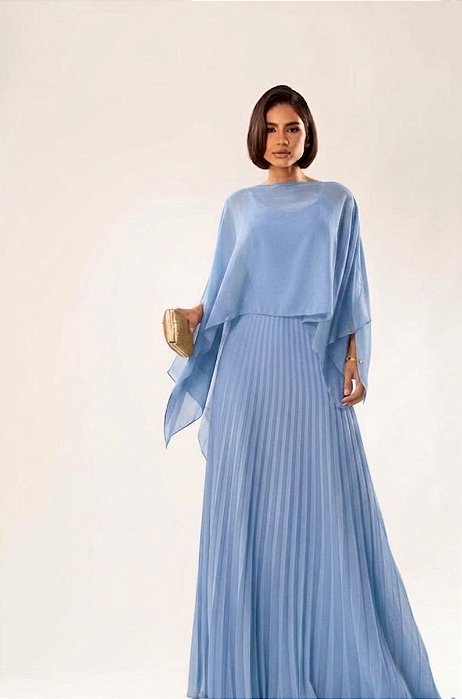 VESTIDO LONGO ALCINHA PARTE DE CIMA LISA SAIA PLISSADA COM CAPA REMOVÍVEL AZUL SERENITY