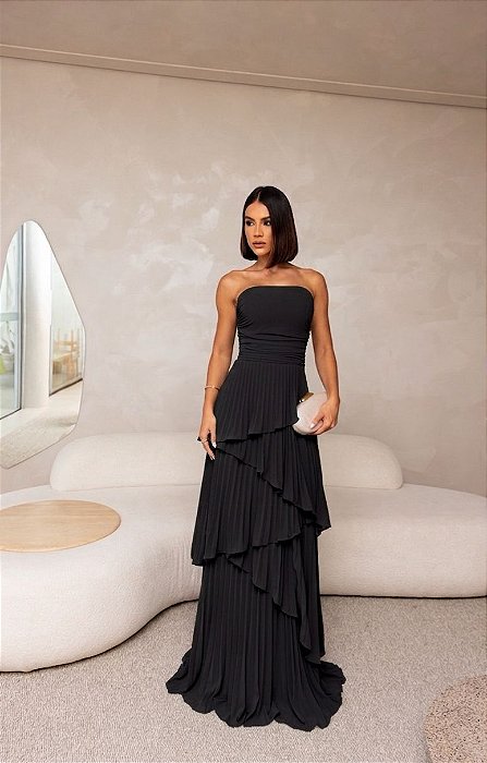 VESTIDO CHIFFON PLISSADO COM CAMADAS PRETO