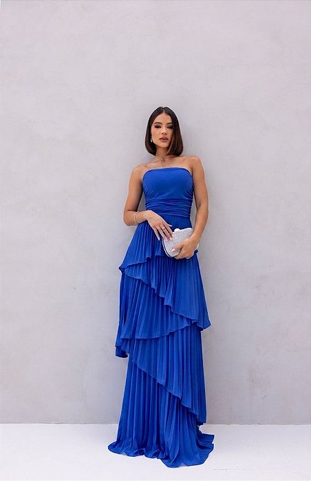 VESTIDO CHIFFON PLISSADO COM CAMADAS AZUL ROYAL
