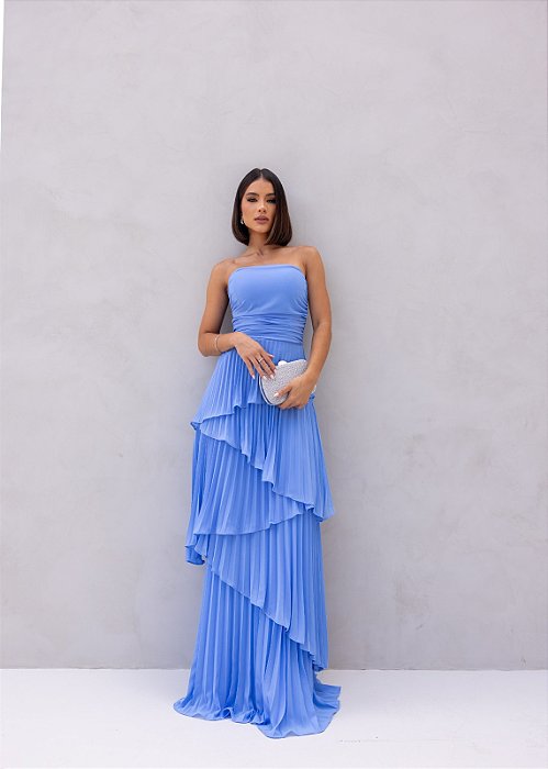 VESTIDO CHIFFON PLISSADO COM CAMADAS AZUL SERENITY