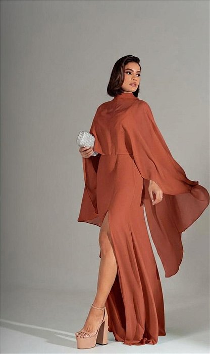 VESTIDO CREPE ALCINHA COM DECOTE V CAPA GOLA ALTA TERRACOTA