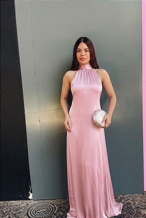VESTIDO LONGO GOLA ALTA SEDA COM AMARRAÇÃO COSTA NUA ROSÊ GOLD
