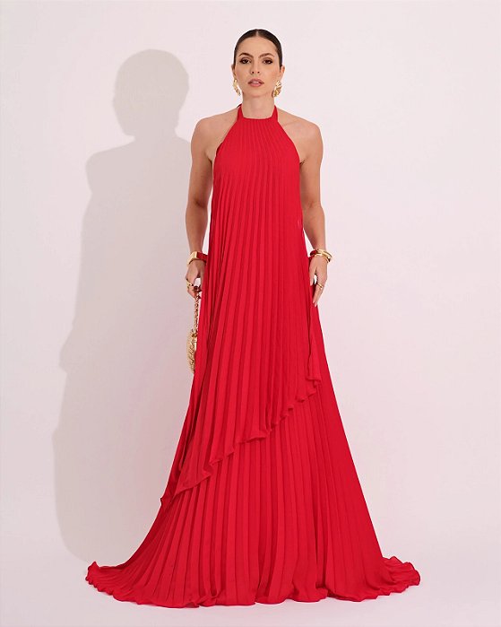 VESTIDO LONGO CHIFFON FRENTE ÚNICA PLISSADO SOBREPOSTO VERMELHO