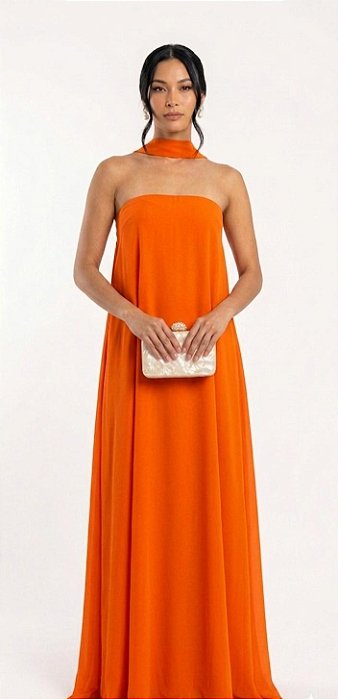 VESTIDO LONGO CHIFFON TOMARA QUE CAIA COM ECHARPE LARANJA