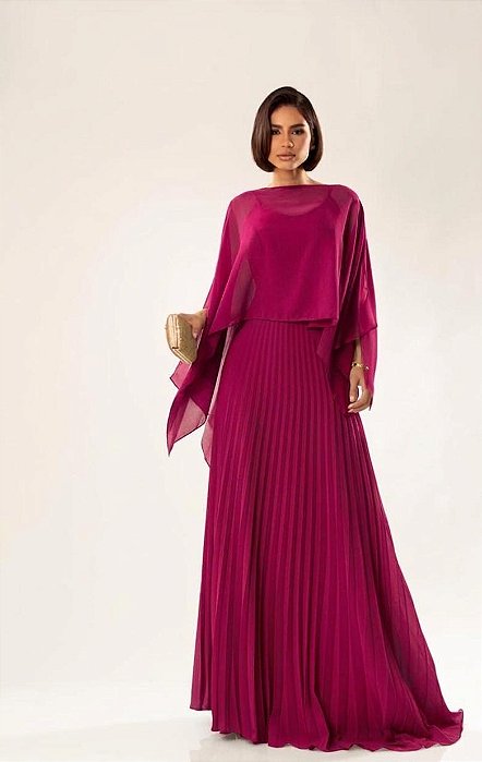 VESTIDO LONGO ALCINHA PARTE DE CIMA LISA SAIA PLISSADA COM CAPA REMOVÍVEL FUCSIA