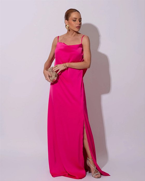VESTIDO LONGO SEDA DECOTE DRAPEADO LISO DECOTE V NAS COSTAS COM CAMADA SOBREPOSTA PINK