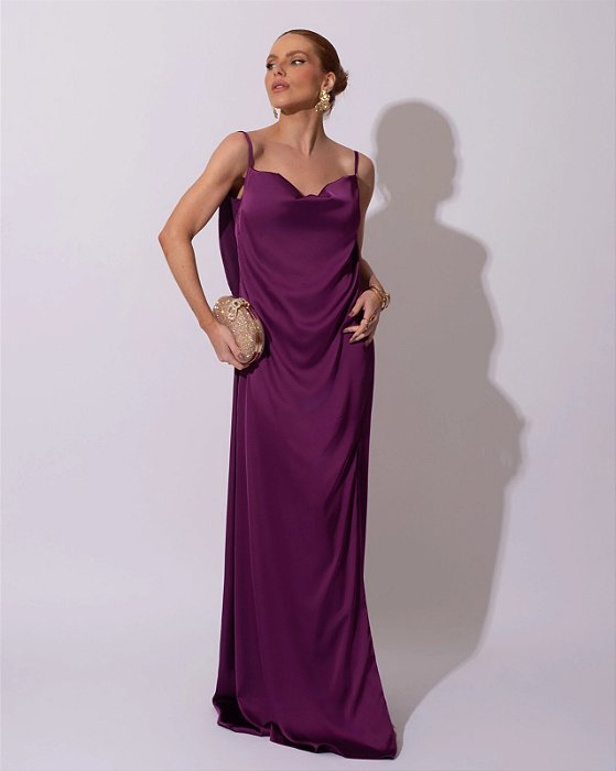 VESTIDO LONGO SEDA DECOTE DRAPEADO LISO DECOTE V NAS COSTAS COM CAMADA SOBREPOSTA ROXO