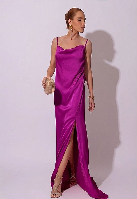 VESTIDO LONGO SEDA DECOTE DRAPEADO LISO DECOTE V NAS COSTAS COM CAMADA SOBREPOSTA LAVANDA