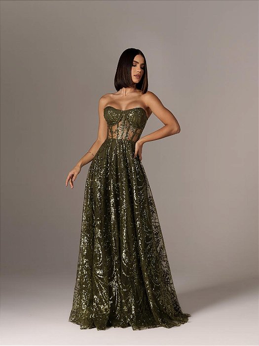 VESTIDO LONGO TOMARA QUE CAIA MODELO CORPETE BORDADO COM BRILHO VERDE OLIVA