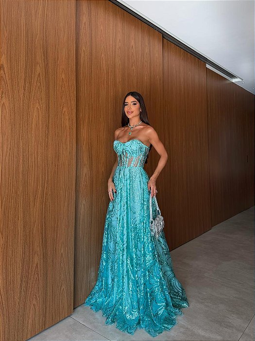 VESTIDO LONGO TOMARA QUE CAIA MODELO CORPETE BORDADO COM BRILHO AZUL TIFFANY