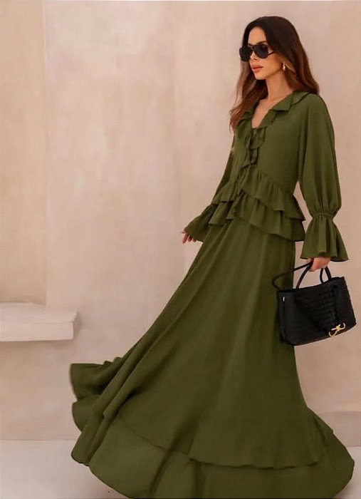 VESTIDO LONGO BOHO CHIC VERDE OLIVA