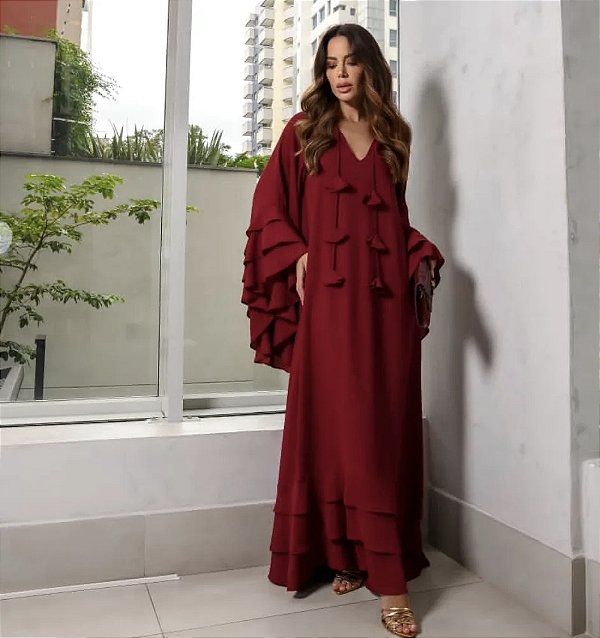 VESTIDO LONGO CHIFFON MANGA LONGA BABADO BORRO MARSALA